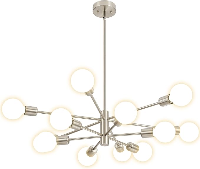 Sputnik Chandelier Modern Brushed Nickel Chandeliers 12-Light Mid Century Ceiling Lighting Fixture for Living Room, Kitchen, Bedroom, Dining Room, and Farmhouse