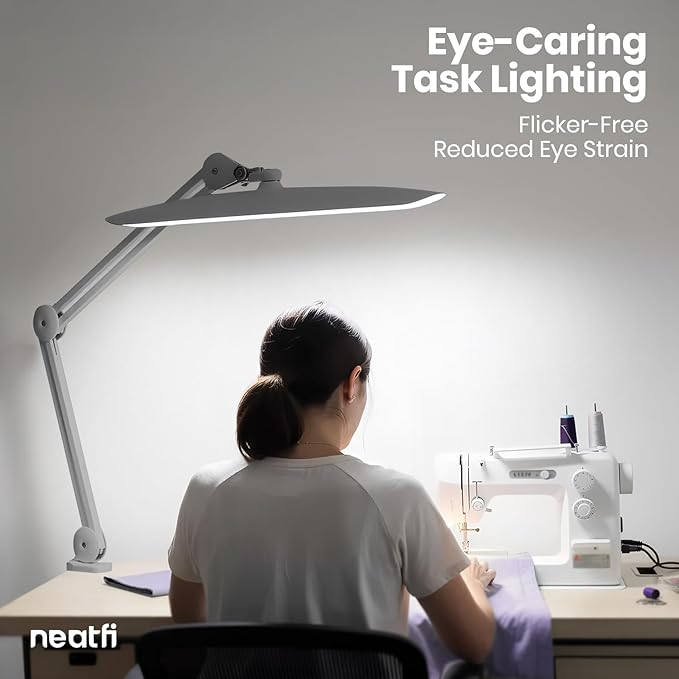 Neatfi XL LED Desk Lamp with Clamp, 2200 Lumens, 24W, 20-Inch Wide Head, Dimmable 4 Brightness Levels, Task Light for Home Office, Crafts, Workbench (Non-CCT, Silver)