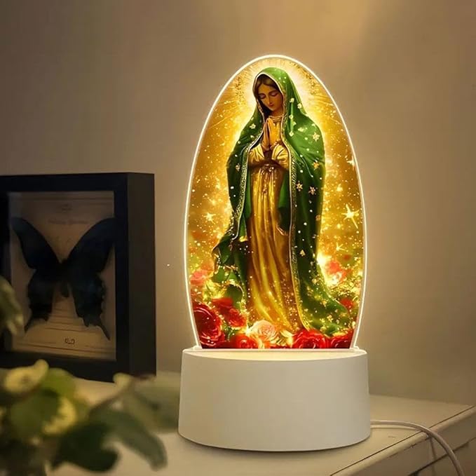 Guadalupe Virgin Prayer Lamp - 2D Acrylic Table Lamp with Soft Glow, USB Powered, Blessed Mother Mary Decoración para La Virgen de Religious Gift for Christmas Birthday (Yellow)