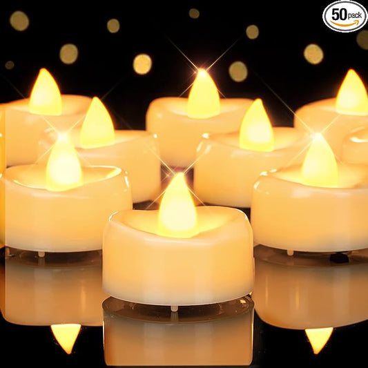 Flameless Candles, 50 Pack LED Tea Lights Candles Battery Operated, Last 200+ Hrs Flickering Tea Lights, Flameless Tealight Candles for Halloween Diwali Fall Christmas Wedding