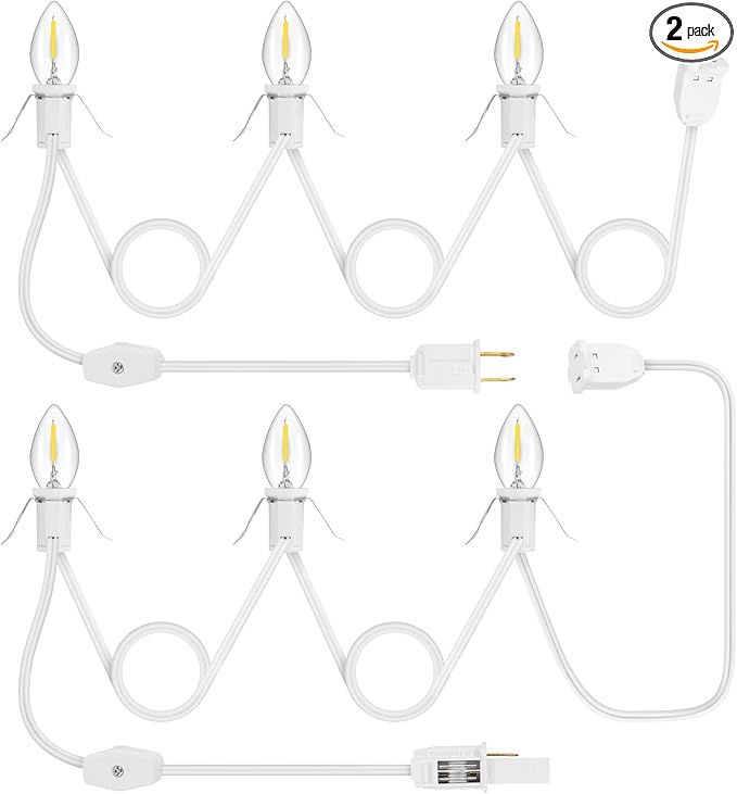2Pack Accessory Cord with 6LED Bulbs and Outlet Christmas Village Light 14.8FT Blow Mold Light Cord with Spare Fuse Warm White C7 Lamp Christmas Village Accessories for Village Houses Craft Pumpkin