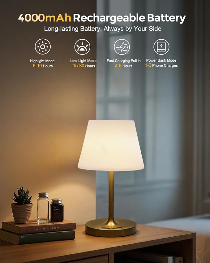 Cordless Touch Table Lamp, 4000mAh Rechargeable Small Desk Lamp with 3 Color Temperatures & Stepless Dimming, Portable LED Bedside Lamp for Bedroom, Living Room, Patio & Camping, Gold