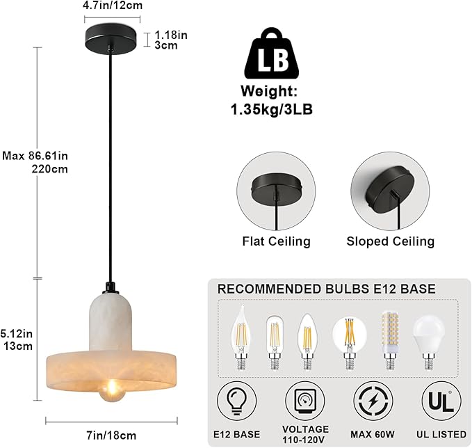 Alabaster Pendant Light for Kitchen Island, Modern Brass Hanging Light Fixture with Natural Alabaster Stone Shade, Adjustable Pendant Lighting Over Sink, Dining, Bar, Counter - 1 Pack