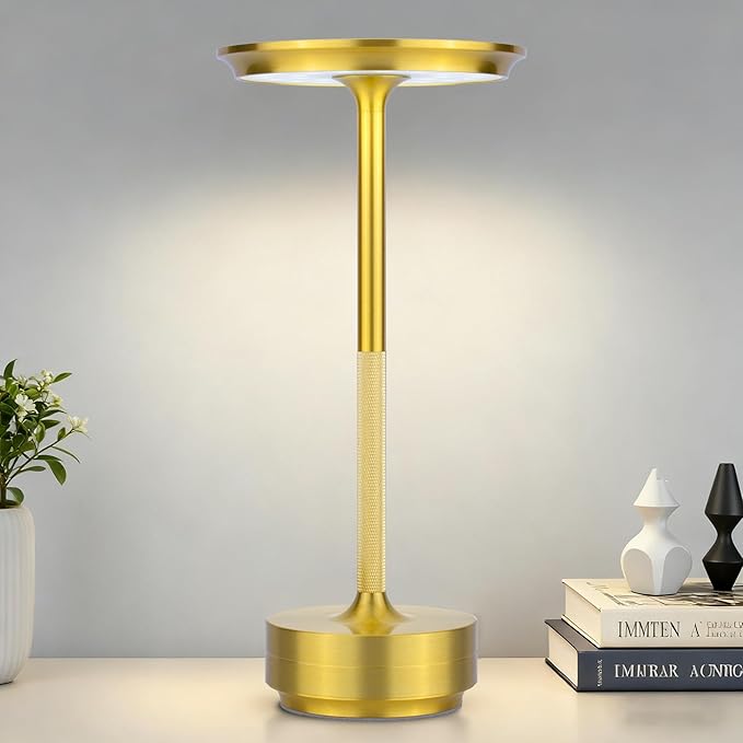 Cordless Table Lamp Rechargeable - 5000mAh Battery Operated LED Table Light with Touch Stepless Dimming & 3 Color Modes - Portable Gold Metal Outdoor Lamp for Patio, Restaurant, Bedroom