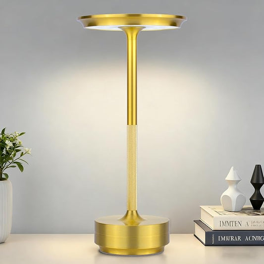 Cordless Table Lamp Rechargeable - 5000mAh Battery Operated LED Table Light with Touch Stepless Dimming & 3 Color Modes - Portable Gold Metal Outdoor Lamp for Patio, Restaurant, Bedroom