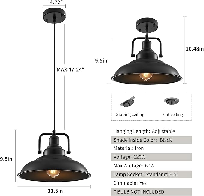 Black Pendant Light 12.5 inches 3 Packs, Farmhouse Pendant Light, Industrial Pendant Lighting, Kitchen Pendant Lights, Pendant Lights Kitchen Island for Dinning Room Entryway Barn