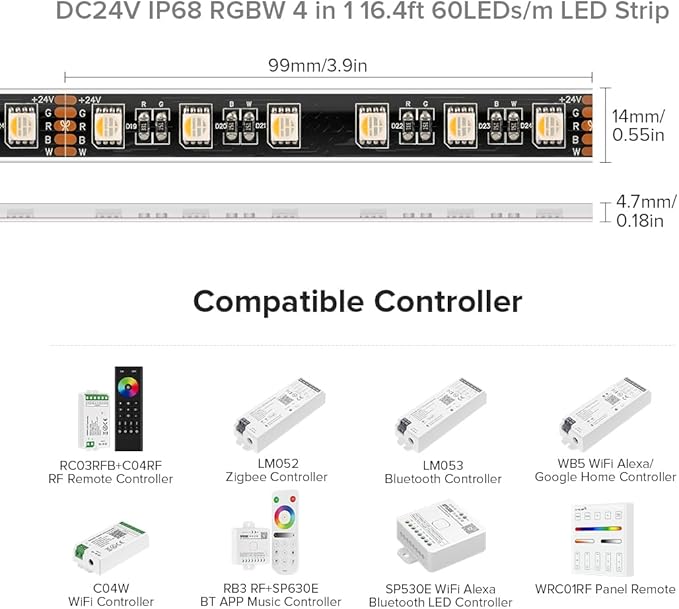 BTF-LIGHTING IP68 Waterproof Outdoor RGBW LED Strip 5050SMD RGB+Warm White(3000K-3500K) 4 Colors in 1 DC24V 16.4ft 5m 60LED/m Multi-Colored Tape Lights for Kitchen Decoration(No Adapter or Controller)