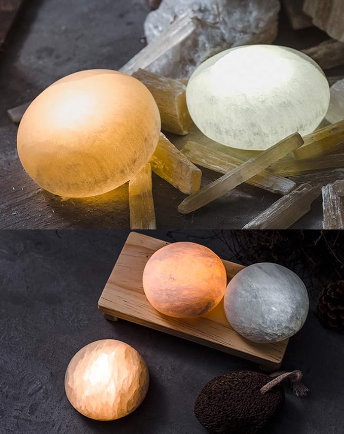 Selenite Lamp Hand Carved Stone Lamp Rechargeable Taplights Selenite Crystal Light with Dimmer (White/Warm/Yellow) for Bedroom Healing Natural Crystal Light (1 Piece, Round Taplight)