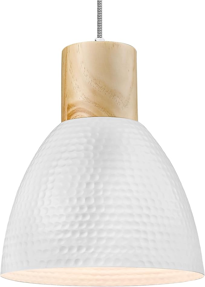 ELYONA 10.2” Hammered Pendant Light Fixtures, Metal & Rubber Wood Island Hanging Lamp, Adjustable Height, Modern Pendant Lighting for Kitchen,Farmhouse Bar,Dining Room,Bedroom, Nordic White