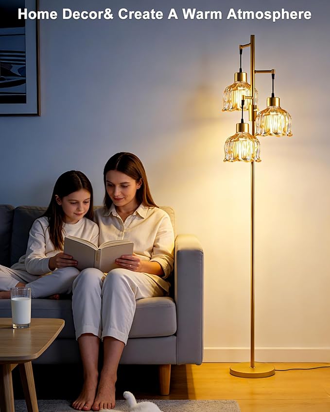 Lightdot 3-Light Lotus Floor Lamps 65'' Dimmable Floor Lamp with Brown Glass Shade& E12 Bulbs Included, Mid Century Tall Flower Lamp for Living Room/Bedroom/Sofa Beside/Corner Decor-Gold