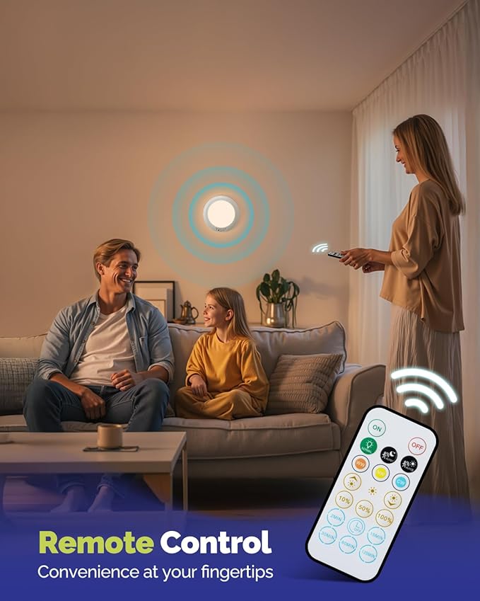 2PCs 10,000mAh Rechargeable Ceiling Light with Remote, Wireless Waterproof Shower Lights 3000K/4000K/6000K, Battery Powered Light for Closet Battery Operated, Motion Sensor Lights No Wiring