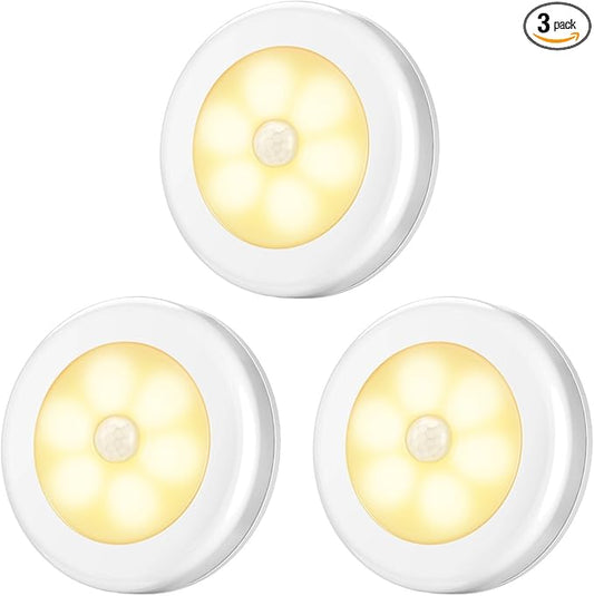 AMIR Upgraded 3.15” Motion Sensor Light Indoor, Cordless Battery Powered Stick on LED Night Lights for Closet, Stair, Under Cabinet, Hallway, Kitchen (Warm White - Pack of 3)