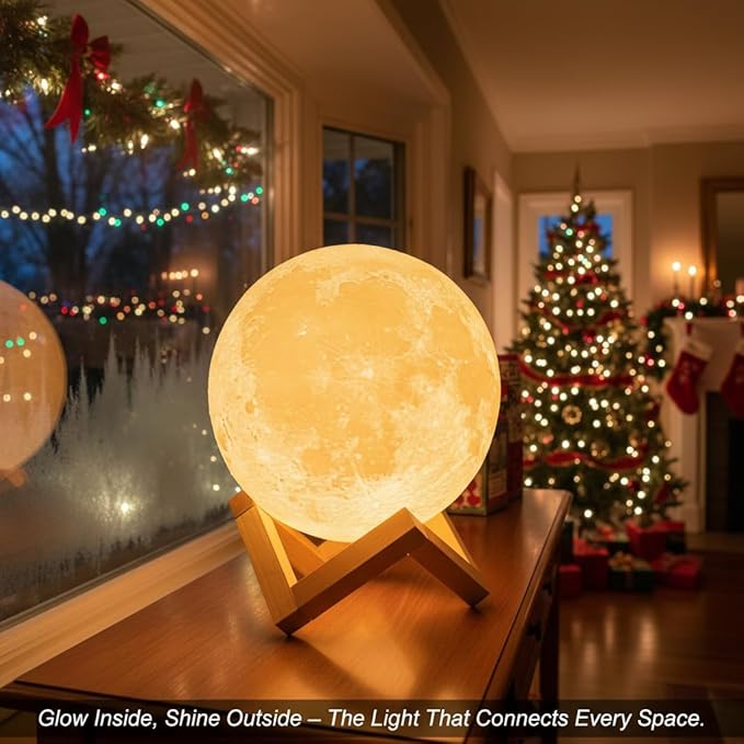 Mydethun 3D Moon Lamp, 9.6' Large Night Light with Wooden Base, Touch-Dimmable & Rechargeable, Gift for Mom, Bedroom, Home Décor, Dual-Color White/Warm Yellow