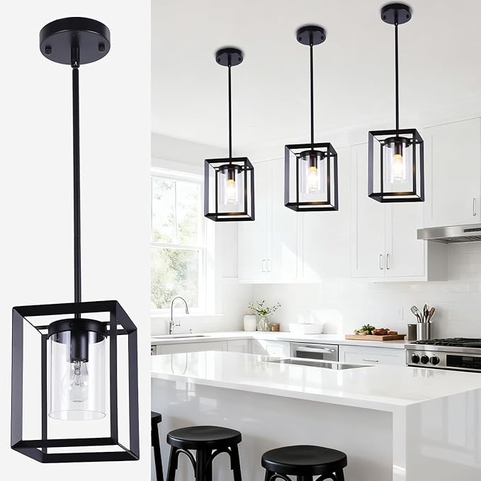COTULIN 3 Pack Black Pendant Lights for Kitchen Island, Farmhouse 1-Light Iron Cage Metal Hanging Light with Clear Glass Shade, Industrial Lighting Fixtures for Living Room Bedroom Hallway Foyer