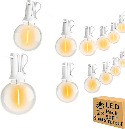 Vocevos 100FT 2Pack Outdoor String Lights LED Outside Waterproof Patio Lights Backyard Heavy-Duty Shatterproof Plastic G40 Bulbs Connectable Globe Light Decor Yard Café Exterior White Wire