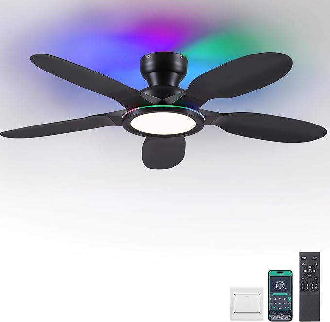 Ceiling Fans with Lights and Remote/APP Control, 52 inch Low Profile Ceiling Fans with Dimmable White + RGB Ring Lights, 6 Speeds 5 Curved Blades for Kids Room Bedroom Bar, Black