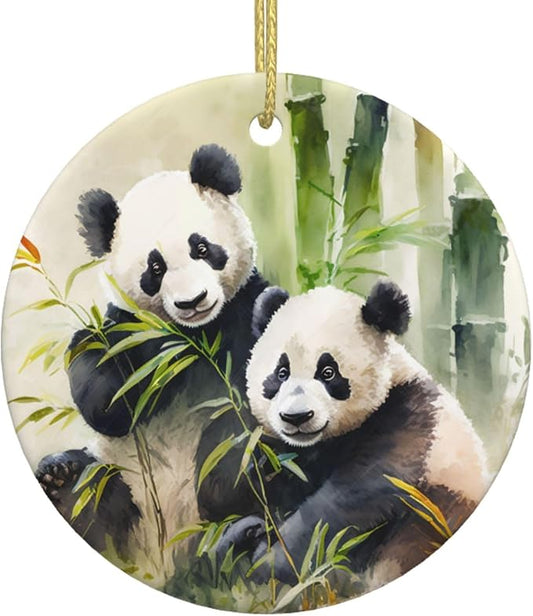 Watercolor Panda Bamboo Christmas Ornaments, Christmas Decorations Xmas Tree Hanging Ornaments, Round Ceramic Festive Keepsake Gift for Christmas Decorations Holiday Home Party Decors