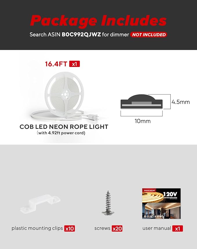 Shine Decor COB LED Rope Light AC 120V, 800lm Ultra Bright, IP65 Waterproof Cold-Resistant ETL Neon Strip, No Driver Tape Lighting for Home Commercial 10x4.5mm, Ice Blue, 16.4ft