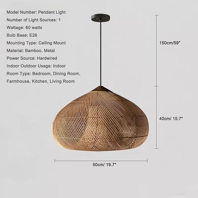 Large Pendant Light, 19.7inch Vintage Rattan Chandelier Hand Woven Farmhouse Ceiling Hanging Lighting Fixture for Kitchen Island Dining Room Living Room