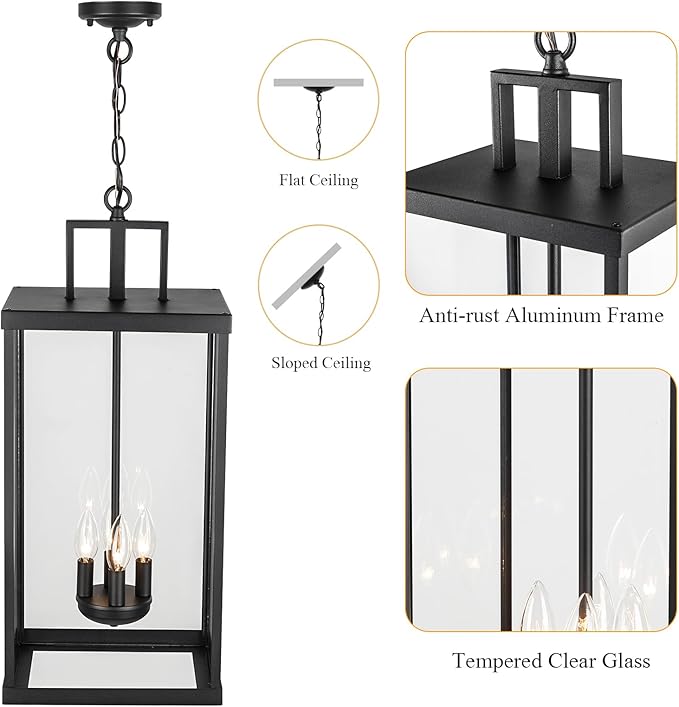Outdoor Pendant Light, 25'' Large Hanging Lights Lantern Light, Modern Outside Chandelier with Clear Glass, Exterior Gazebo Light for Patio, Porch, Yard, Garage