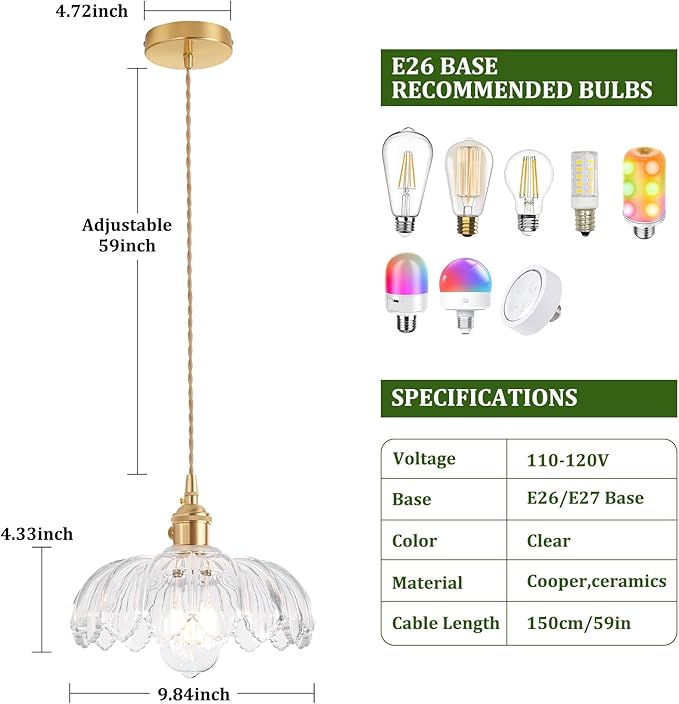 Pendant Light with Clear Scindapsus Glass Lmapshade, Brass Vintage Pendant Light Adjustable Hanging Light for Kitchen Island Dining Room Hallway