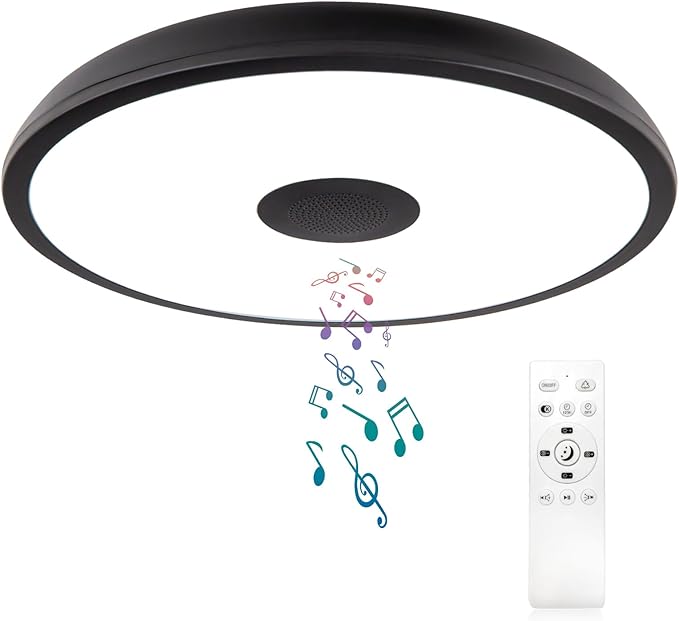 Black Waterproof LED Flush Mount Ceiling Light Fixture,with Bluetooth Speaker,11 Inch,18 watt,Dimmable Music Lamp,RGB Color Changing Light with Remote Control,for Bathroom,Shower,Bedroom
