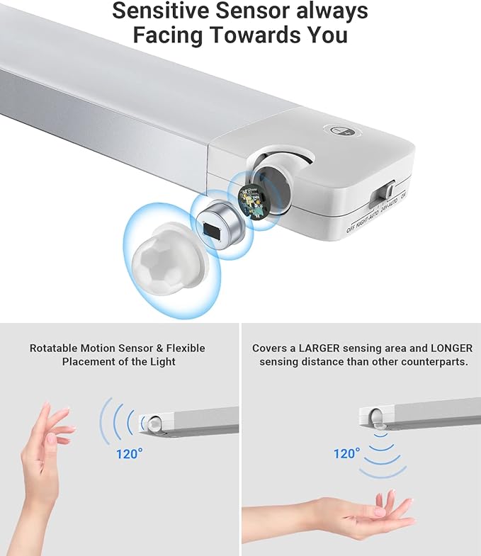 Lyridz Rechargeable Under Cabinet Lights with 90 Degree Adjustable Motion Sensor, 1500mAh Wireless LED Closet Lights, 1-120LM Stepless Dimmable Night Light for Kitchen and Wardrobe, 2-Pack
