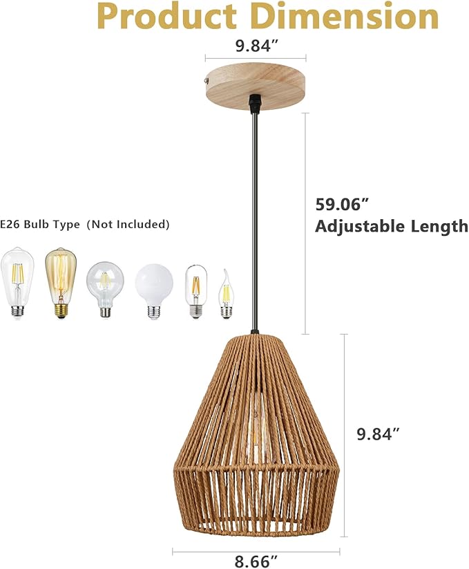 3 Packs Rattan Pendant Light, 9” Boho Hanging Light Fixture Kitchen Island, Natural Hand-Woven Pendant Light, Adjustable Farmhouse Chandelier For Kitchen Sink Island Bar Foyer Bedroom Dining Room