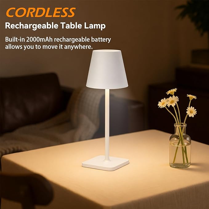 2-Pack Rechargeable Cordless Table Lamps, Battery-Operated Wireless Minimalist Table Lamp, 3 Colors Stepless Dimming LED Adjustable Height Table Lamp for Dining/Bedside/Camping (4, White)