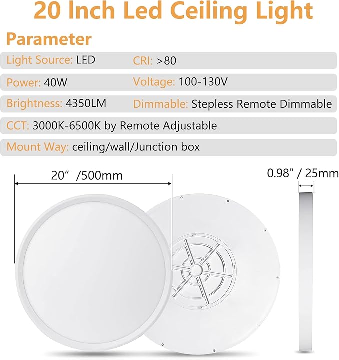 20 Inch Dimmable Large LED Flush Mount Ceiling Light, 43W, 3200LM, 3000K-6500K Stepless CCT, Dimmable with Remote Ceiling Light, Round Flat Panel Fixture for Living Room, Bedroom,Kitchen (White)