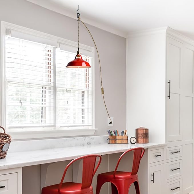 YUBOLE Plug-in Pendant Light Vintage Red Barn Shade Hanging Light Fixture Adjutable Hanging Cord with On-Off Switch Swag Lamp for Kitchen Bar Cafe Bedroom Loft
