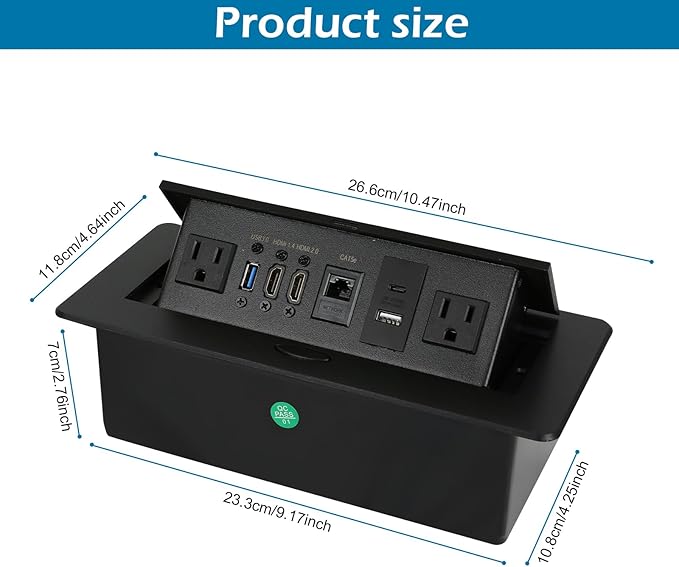Table Pop Up Outlet, Desktop Pop Up Socket Center Countertop Socket Multimedia Strip Socket Connection Box Countertop with USB 3.0/2×AC/2×HDMI/USB-A/USB-C/LAN for Conference Desk Office (Black-3)