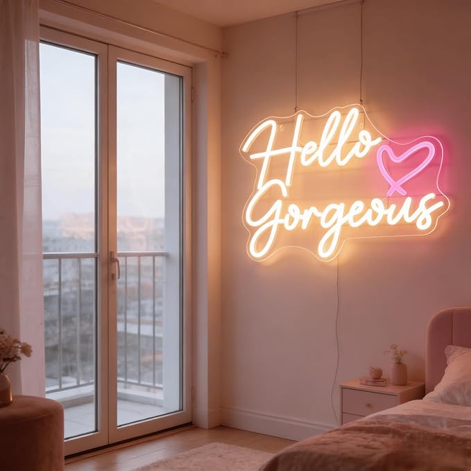 Hello Gorgeous Neon Light for Wall Decor, Pink USB Powered LED Sign with Dimmable Switch, Neon Sign for Home, Wedding, Birthday Backdrop, Party (Warm White02)