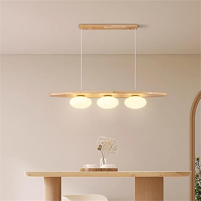 Scandinavian Modern Wood Pendant Light, 3-Light Linear Hanging Fixture with White Glass Globes for Dining Room Kitchen Island, Wood Finish, Adjustable(Wood Color)