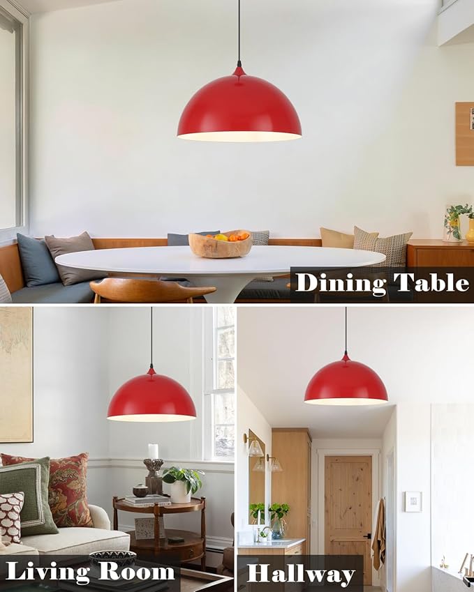 Red Pendant Lights Kitchen Island, 16" Dome Pendant Light, Modern Farmhouse Pendant Light for Kitchen Island, Dining Room, Cafe, Bar, 2 Pack