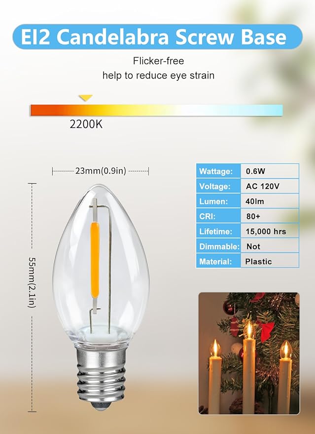 25Pack LED Night Light Bulbs, C7 Shatterproof Replacement Led Bulb for String Light, E12 Base Salt Lamp Bulbs, 0.6W Equivalent to 7W, Warm White 2200K, 50LM
