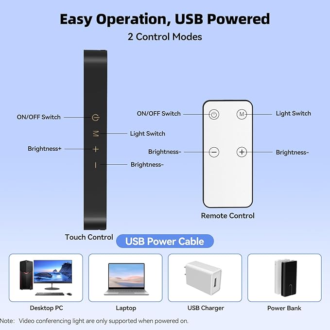 Takerers Video Conference Lighting, Webcam Light with Remote & Touch Control, 3 Color Temperature, 10 Level Brightness, Zoom Light for Computer, Video Calls, Live Streaming, Podcast, Studio (2-Pack)