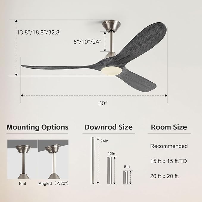 60 Inch Indoor Outdoor Ceiling Fans with Light - Modern Wood Propeller Ceiling Fan with Light 6 Speed Quiet Reversible DC Motor, High Velocity Damp-rated Exterior Ceiling Fan for Patios Bedroom Office
