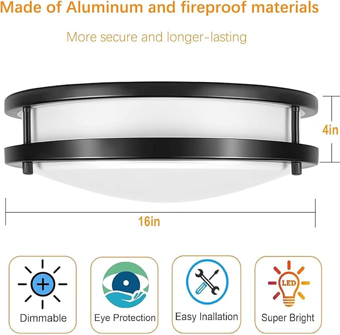 Drosbey 72W LED Flush Mount Ceiling Light Fixture, 16 inch Light Fixtures Ceiling for Kitchen, Bathroom, Bedroom, Garage, Super Bright 7500 Lumens, Daylight White 5000K