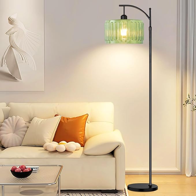 Black Floor Lamp for Living Room,Bedroom,Standing Lamp with Remote Dimmable Tall Lamp Vintage Retro Mid Century Modern Floor Lamps Arc Green Glass Lamp Floor Light Boho Bohemian