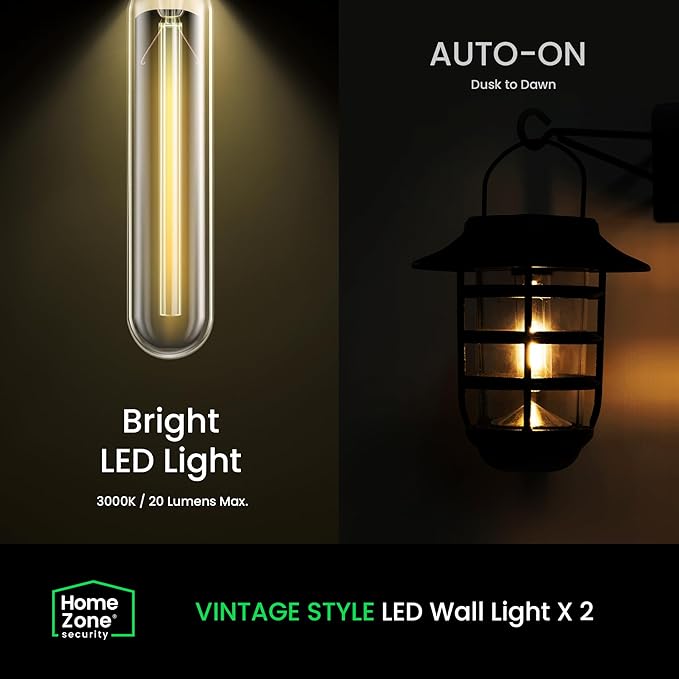 Home Zone Security 2-Pack Solar Wall Hanging Lights LiFePO4 Battery 3000K Warm 20lm Up to 12 Hours Dawn Motion Sensor Auto, IP65 Waterproof, No Wiring Required, Aluminum and Glass Construction