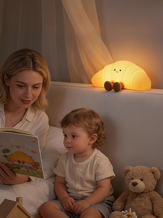 QANYI Croissant Night Light with Color Changing & 3 Brightness, Rechargeable Silicone Night Lamp for Kids & Adults - Soft Glow, Squeezable & Flexible Mood Light for Bedroom, Nursery, Desk Decor