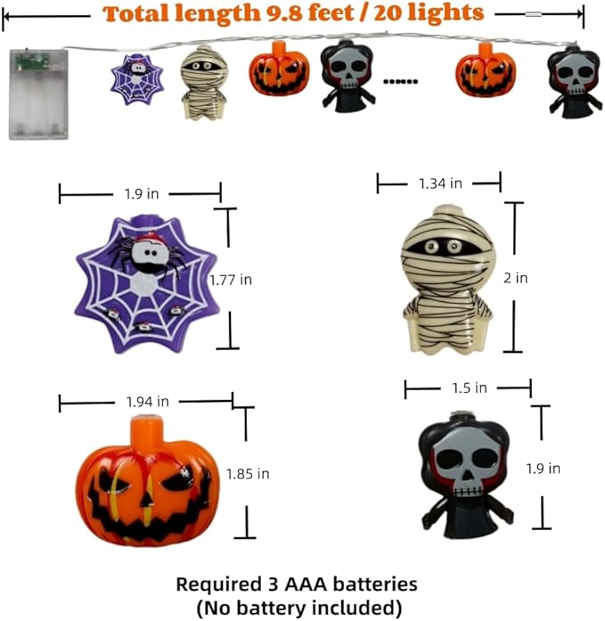 Halloween String Lights 9.8FT 20 LED Battery Powered Outdoor Decor, Cute Pumpkin Mummy Spider Skull Designs, 2 Lighting Modes for Indoor Window Yard Party Decoration (Style B)