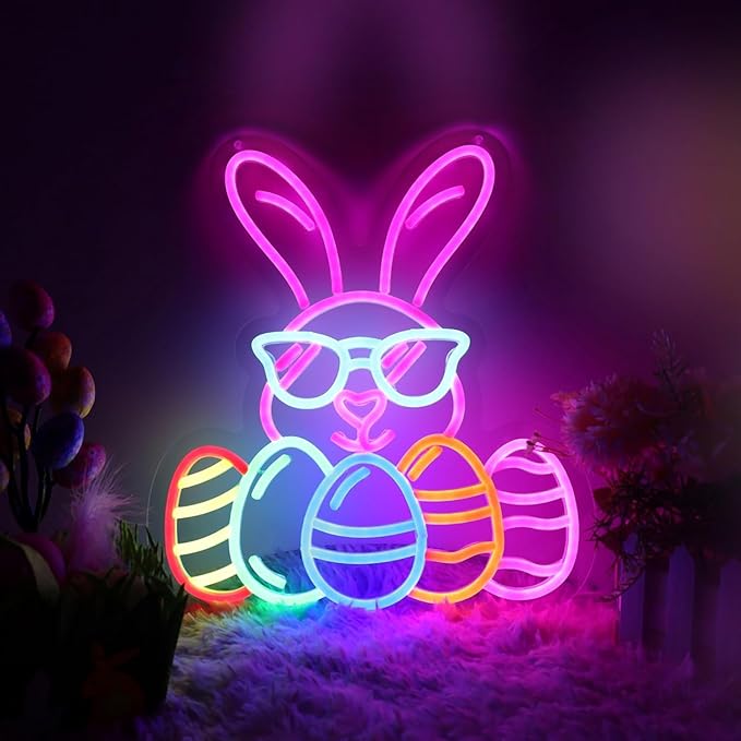 Easter Bunny Egg Neon Signs Decorations, LED Neon Lights Sign for Wall Decor, USB Dimmable Easter Gifts Bunny Wearing Glasses Party Decor for Bedroom Window Door Yard Bar Classroom Church