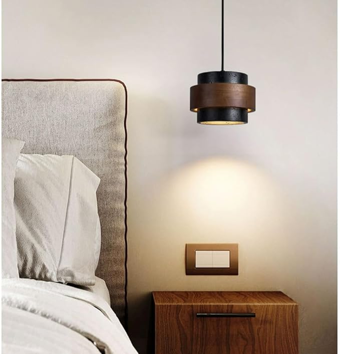 Nordic Natural Travertine Pendant Light Wabi-sabi Stone Chandelier Retro Industry Hanging Ceiling Lamp for Bedroom Bedside Study Dining Table Lighting (Black)