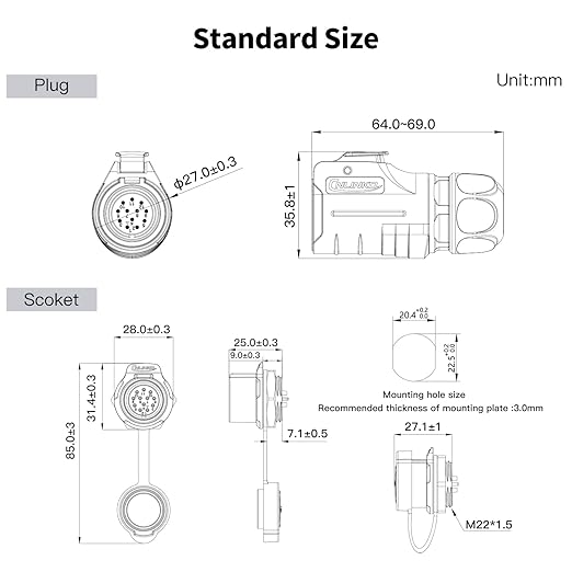 CNLINKO LP-20 12 Pin IP68 Waterproof Connector M20 Male Plug Female Socket Fast Locking 2-12 Pin Circular Connector for Stage Lighting Solar Panel Wiring(12 Pin)