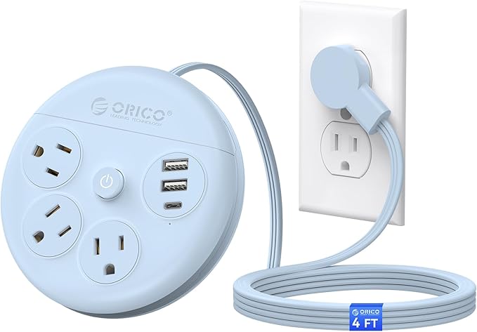 ORICO Travel Power Strip, 4Ft Flat Plug Extension Cord with 3 AC Outlets and 2 USB-A and 1 USB-C Charging Ports, Non-Surge Protector, Travel Essential for Cruise/Home/Office, Blue-OR