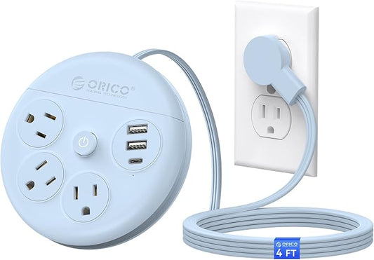 ORICO Travel Power Strip, 4Ft Flat Plug Extension Cord with 3 AC Outlets and 2 USB-A and 1 USB-C Charging Ports, Non-Surge Protector, Travel Essential for Cruise/Home/Office, Blue-OR
