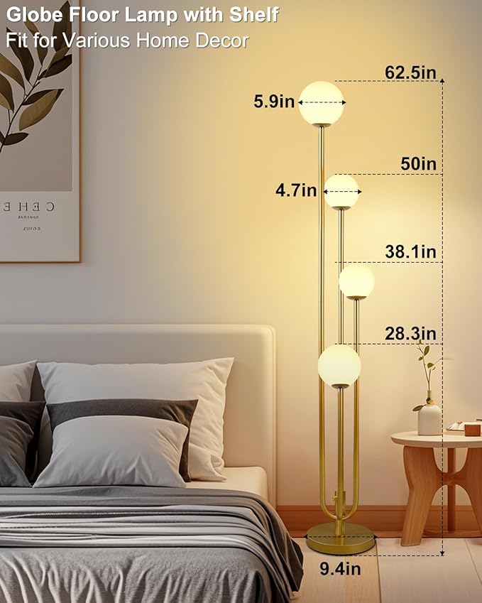 Lightdot Gold Globe Floor Lamp 4-Lights Dimmable Floor Lamps with 3000K Bulbs Included Unique Mid Century Modern Tall Standing Lamp for Living Room/Bedroom/Sofa Beside/Corner Decor