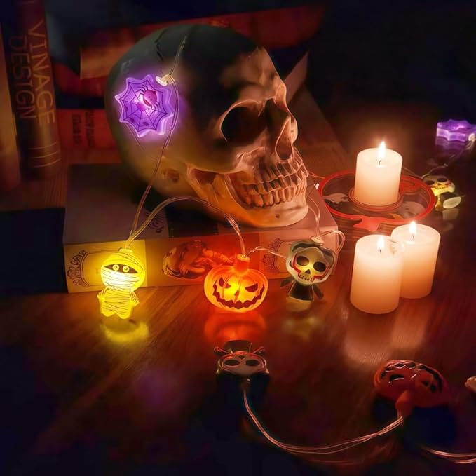 Halloween String Lights 9.8FT 20 LED Battery Powered Outdoor Decor, Cute Pumpkin Mummy Spider Skull Designs, 2 Lighting Modes for Indoor Window Yard Party Decoration (Style B)